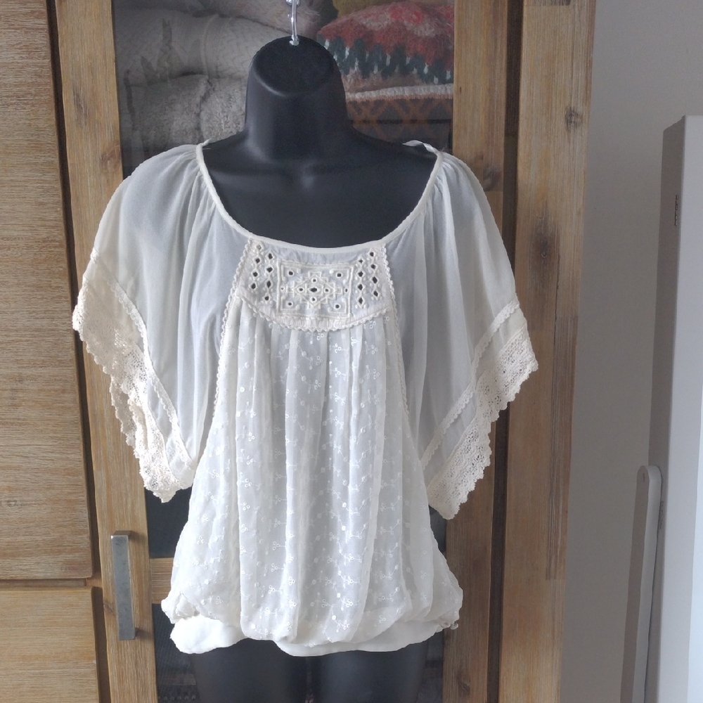 Free People Ivory Sheer Lace-Trim Peasant Top